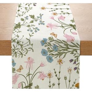 Wildflower Floral Table Runner 13x72 Inch Green Plant Seasonal Summer Kitchen Dinning Table Decoration for Indoor Outdoor Birthday Home Party Decor