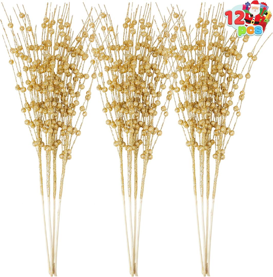 Joiedomi 12 Pcs Christmas Gold Glitter Berry Stems, 17'' Christmas Tree DIY Picks Branches, Gold Xmas Wreath Ornaments Glitter Twigs, Artificial Decorative Sticks for Party Home Wedding Holiday Decor