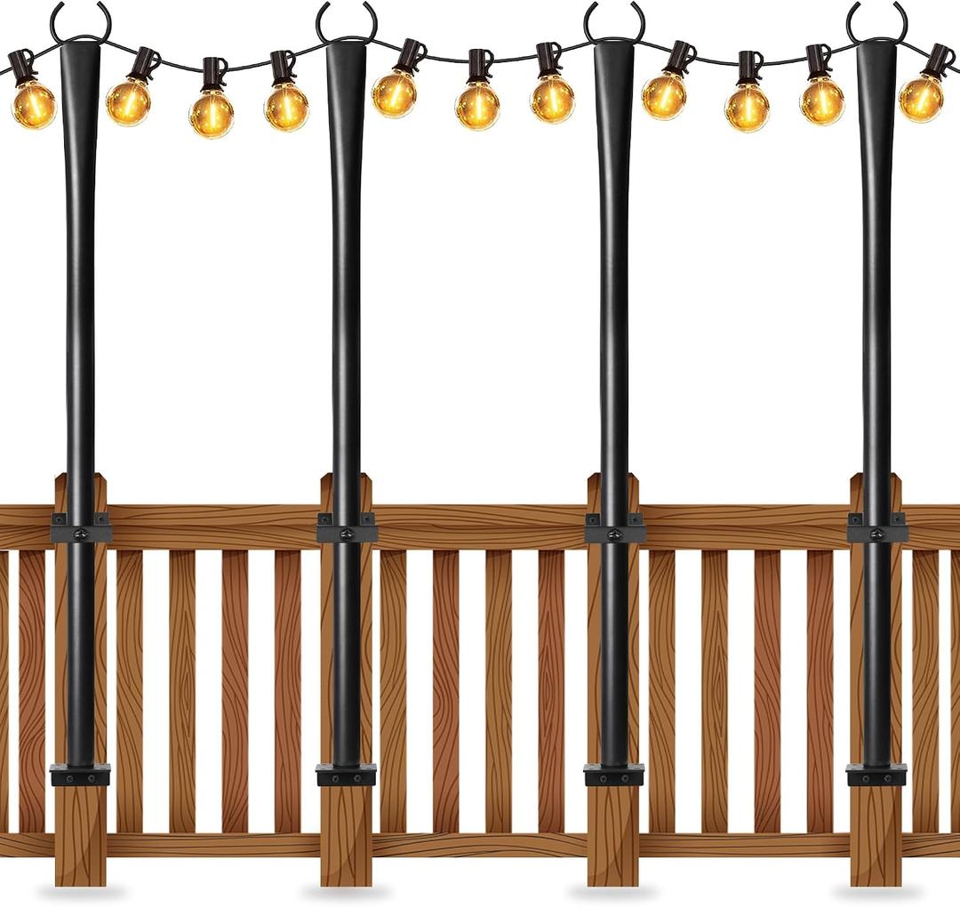 4 Pack String Light Poles for Deck, 5Ft Heavy-Duty Metal Deck Light Poles for Outside with Fixing Clips, Lighting Hanging Post Accessories for Patio Decor Garden Backyard Yard Fence Porch Decorations