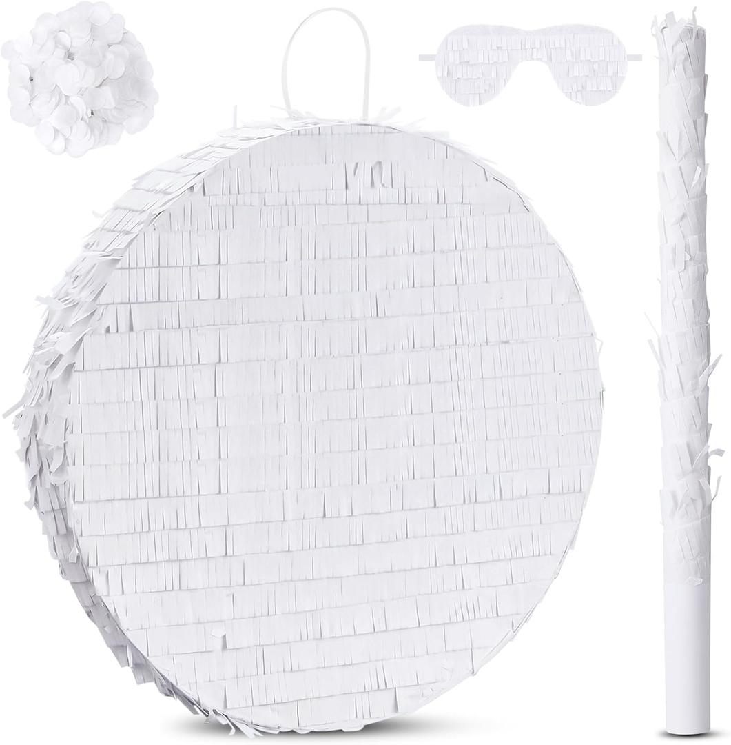 Jenaai 16 Inch Round White Piñata Large Circle Blank Piñata with Stick, Blindfold and Confetti for Adults and Kids' Birthday Parties Game DIY Wedding Celebration Baby Shower Carnival Party Supplies