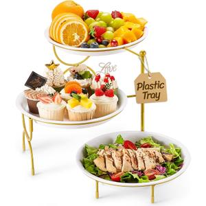 Lifewit Plastic 3 Tier Serving Tray Platter for Party Entertaining, 10"  10" Large Dessert Table Display Set, White Reusable Round Dishes with Gold Metal Display Stand for Veggie, Fruit, Cookies