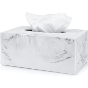 Essentra Home Rectangular Tissue Box Cover, White Marble Heavy Facial Tissue Holder Blanc Collection (White)