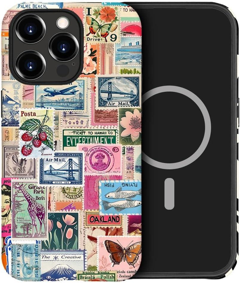 DAIZAG Case Compatible with for iPhone 14 Pro Max, [Compatible with MagSafe],Shockproof Protective Phone Case for Girl Women - Retro Stamp Collage