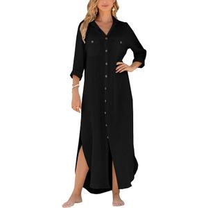 Dokotoo Cover Up for Women Cotton Long Button Down Shirt (Black), XXL