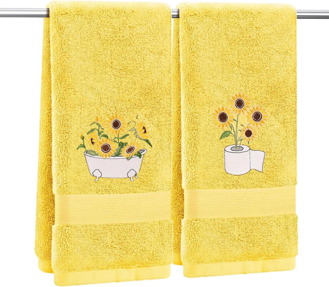 2 Pcs Sunflower Hand Towels for Bathroom Yellow Floral Decorative Bathroom Towels Embroidered 100% Cotton Spring Summer Bath Towel 13.4x29 Inch for Home Kitchen Dcor (Yellow, Sunflower)