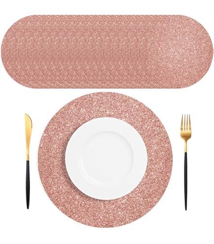 SMUAENSS 100 PCS Rose Gold Paper Placemats Disposable, 13.5" Round Disposable Table Mats, Rose Golden Shiny Table Mats for Birthday Wedding Holiday Party Home Dining Tableware