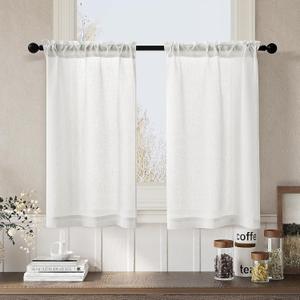 Linen Sheer Curtains for Kitchen Windows 36 Inch Rod Pocket Length Light Filtering Privacy Short Curtains Farmhouse Boho for Bathroom RV 2 Panels Ivory White
