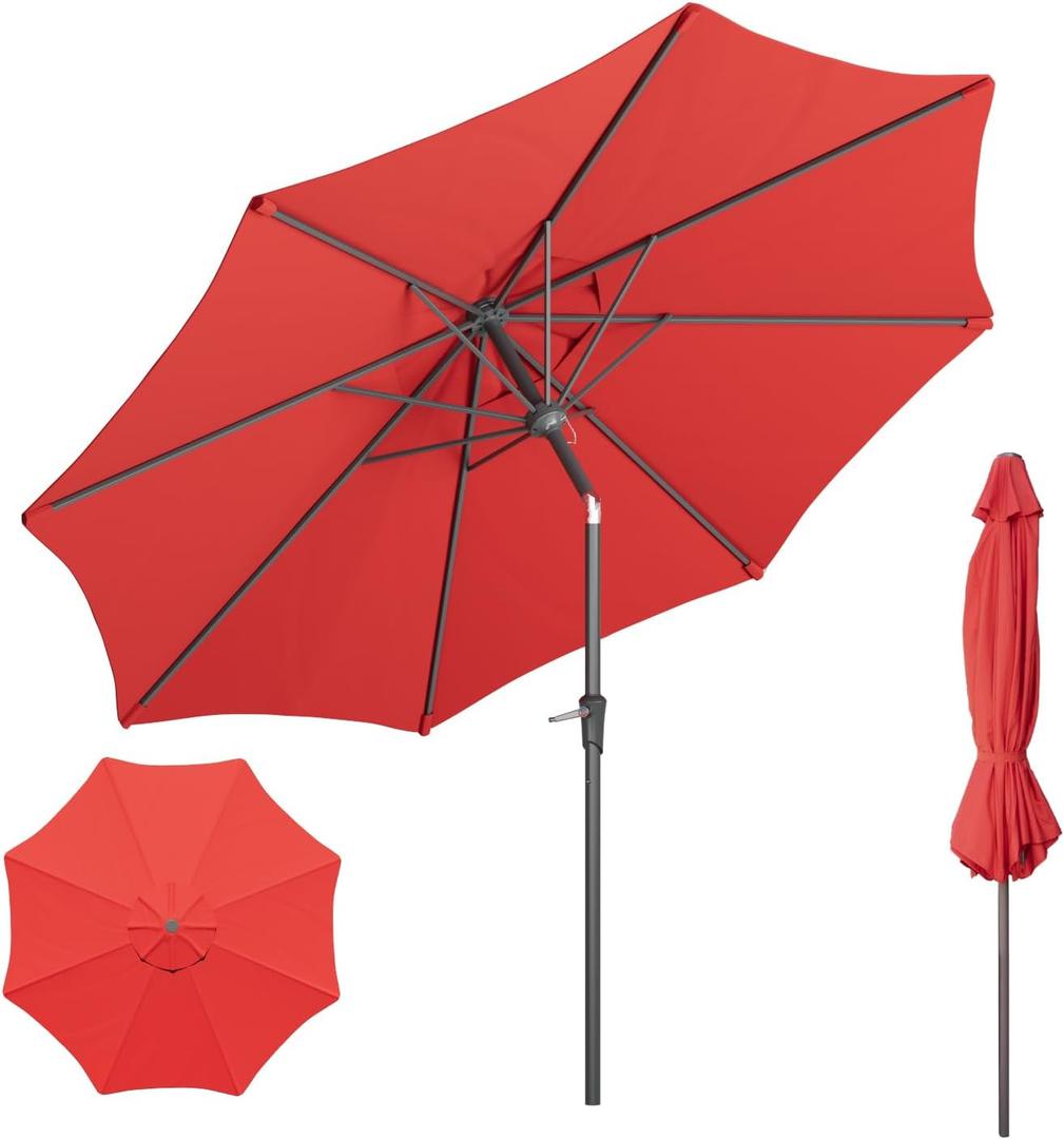 Beanss Outdoor Patio Umbrella, Table Umbrella with Push Button Tilt and Crank, 8 Ribs Market Umbrella (9FT, Red-Steel Ribs)