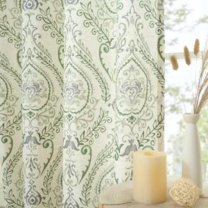 LAMIT Teal Linen Curtains 108 inches Long for Living Room, Long Farmhouse Curtains Grommet Light Filtering Pattern Window Curains & Drapes Vintage Floral Printed, 2 Panels, Each 52 x 108 Inch