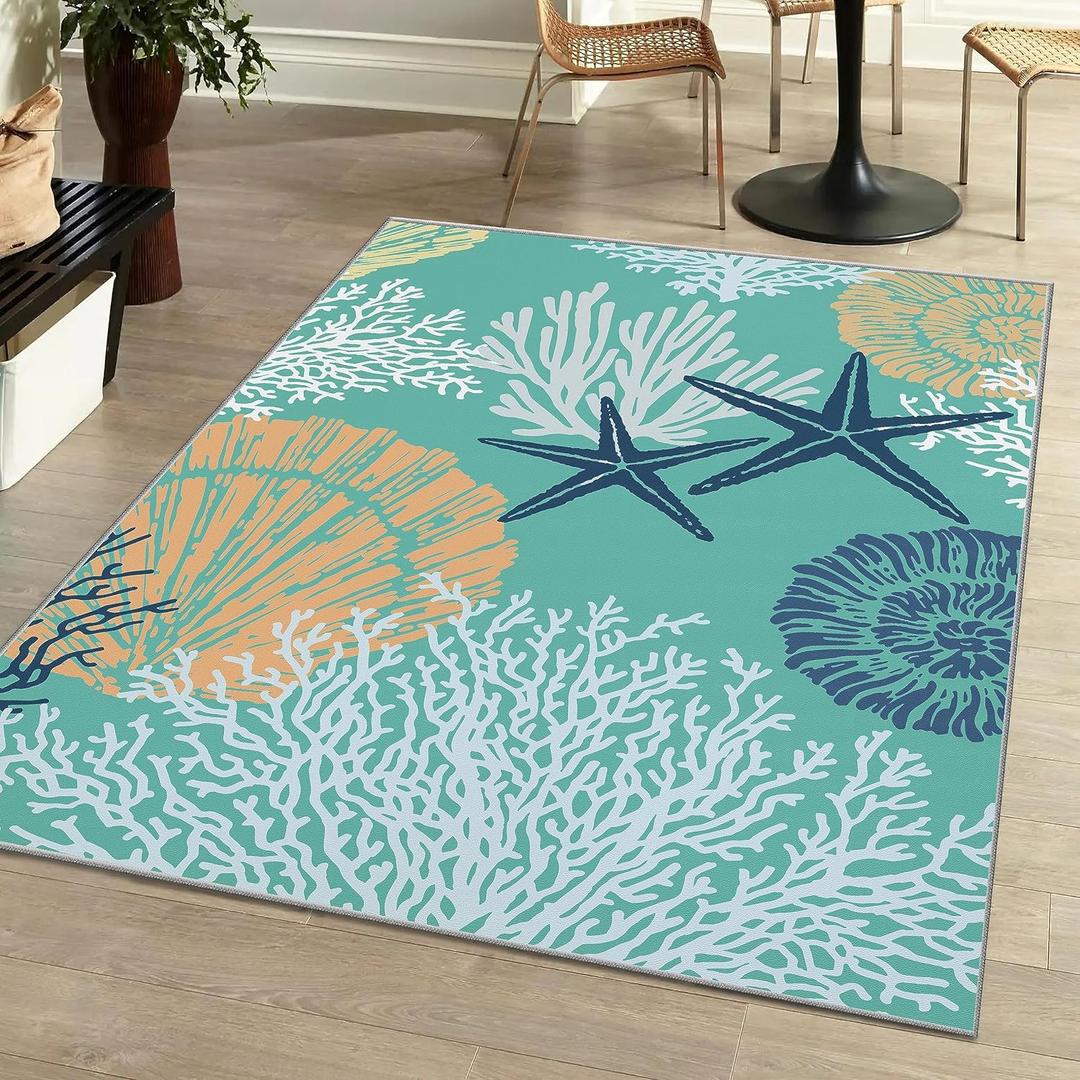 Tritard Coastal Area Rugs Nautical Beach Themed Non-Slip Machine Washable Rugs Modern Floor Carpet for Living Room Bedroom, 8x10, Teal and Turquoise
