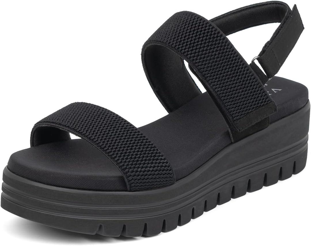 VJH confort Women's Wedge Sandals, Open Toe Ankle Strap Casual Platform Sandals (8.5, Black)