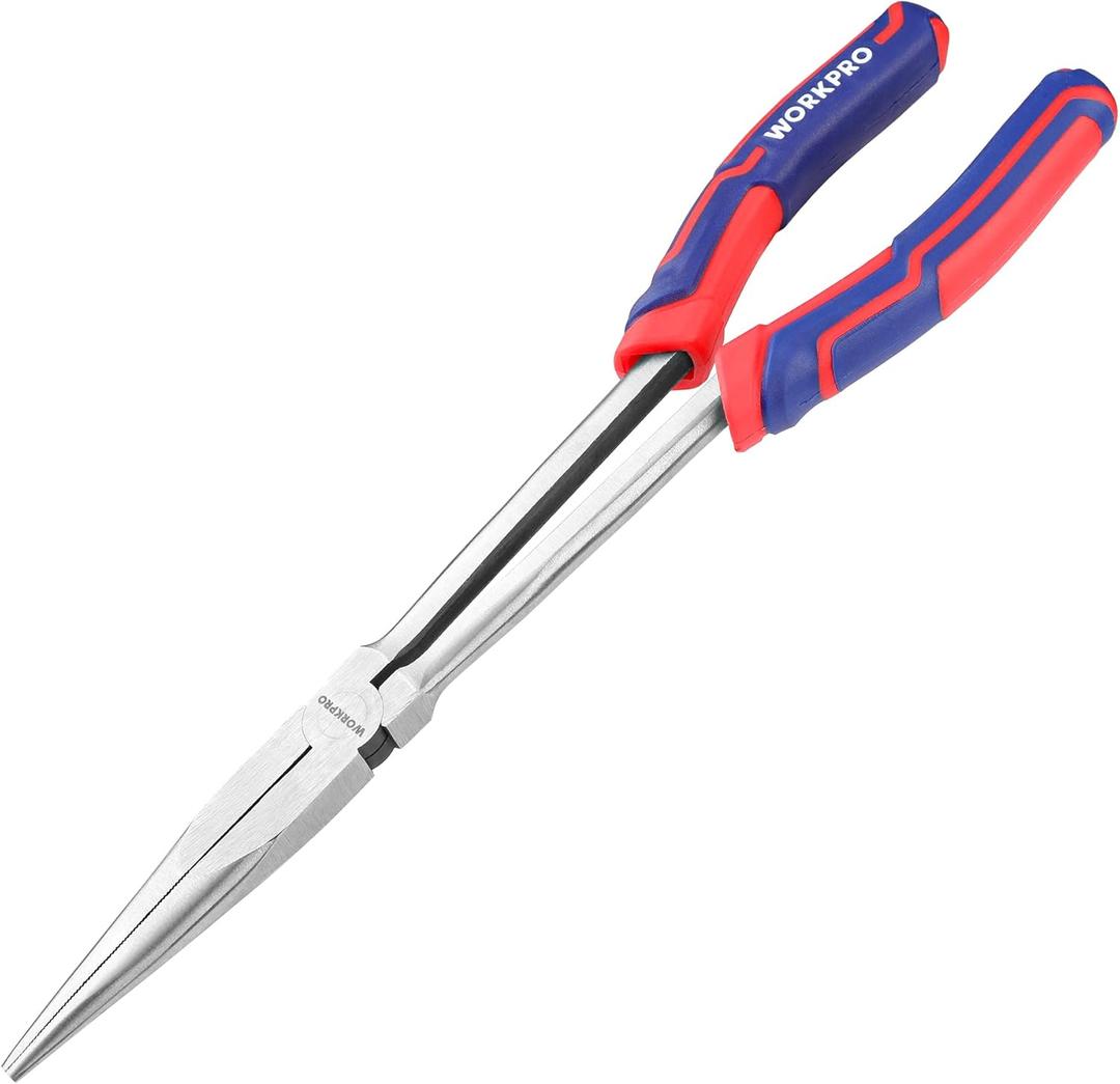 WORKPRO Premium 11 Extra Long Needle Nose Pliers, Paper Clamp Precision, Heavy-Duty CRV Steel, Soft Grip