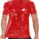 Men Shiny Leather T-Shirt, Wetlook, Short Sleeve, Glossy Latex Coat for Male (Medium, Red)