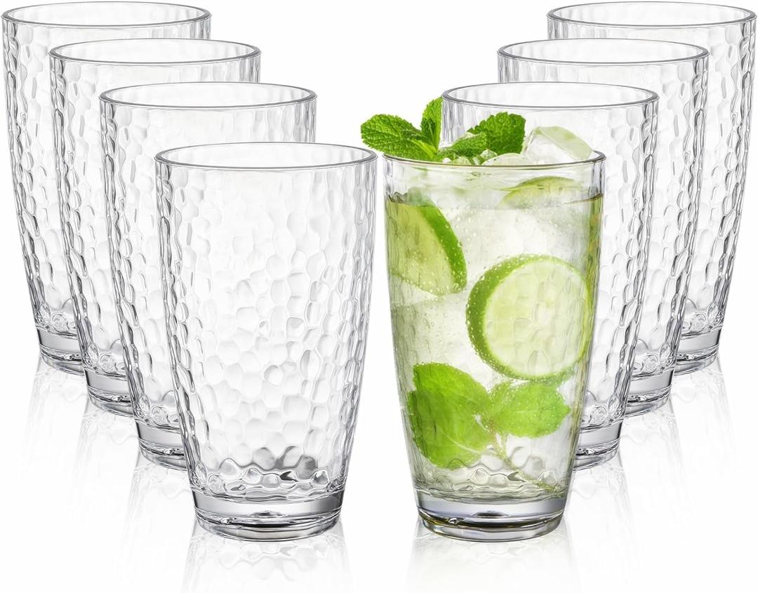 Tebery 8 Pack Plastic Highball Drinking Glasses Plastic Tumbler Cups, 18 Ounces All-Clear Reusable Water Beverage Tumbler Set for Soda, Juice, Iced Tea, Party | Stackable, BPA-Free