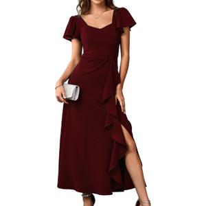 Womens Long Formal Cocktail Dresses Square Neck Split Elegant Evening Party Gowns Ruffle Wedding Guest Dress (Large, Burgundy)