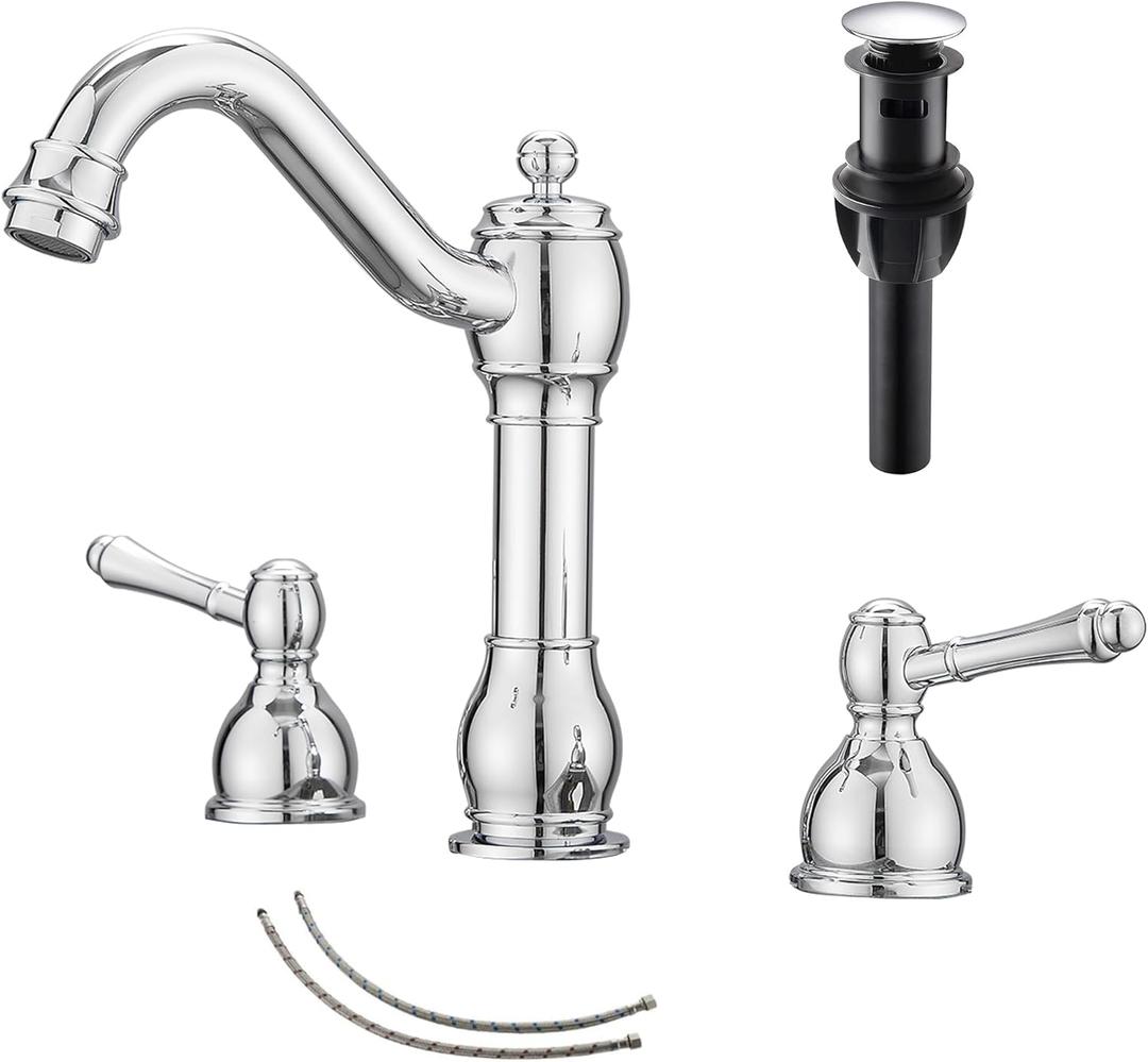 GGStudy 2 Handles 3 Holes Faucet Widespread Bathroom Sink Faucet Basin Tap Mixer Supply Hose Included Matching Pop Up Drain Polished Chrome