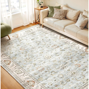 WITSHOCK 8x10 Area Rugs for Living Room: Machine Washable Non Slip Vintage Carpet - Low Pile Lightweight Print Rug for Bedroom Dining Room - Stain Resistant for Household - Pet Owners (Light Blue)