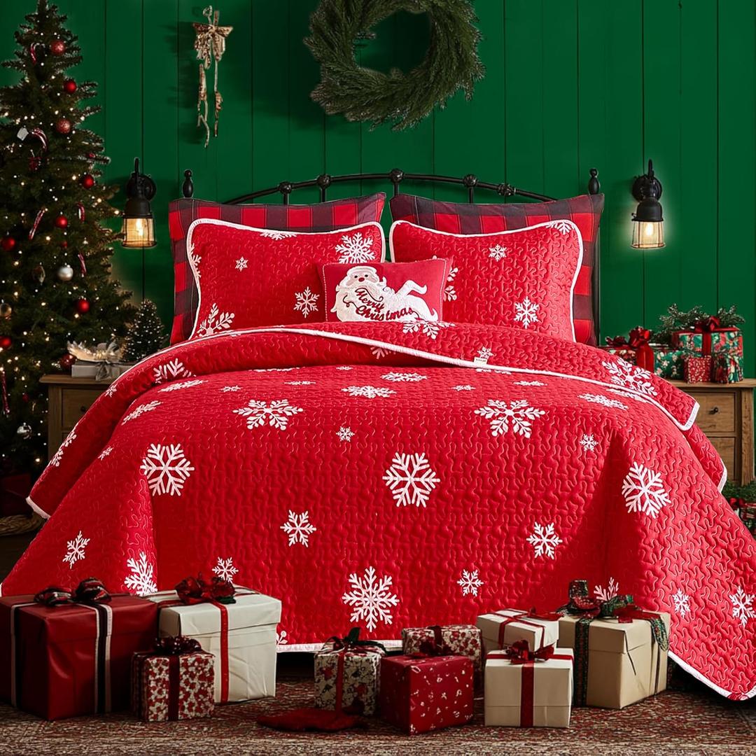 Tititada Christmas Snowflake Quilt Bedspread Set King, White Snowflake on Red Soft Microfiber Holiday Lightweight Coverlet Bedding Set with Pillow Shams