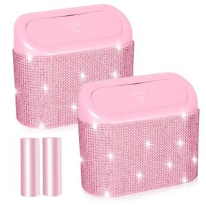NBTEPEM Bling Pink Car Trash Can with Lid - 2 Pack, Mini Auto Garbage Can with 60 Trash Bags, Automotive Garbage Container Bin, Bling Car Accessories Trash Can for Women (Pink Diamond)