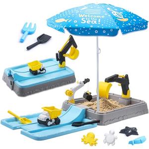VROGTIK Kids Excavator Sandbox with Umbrella & Cover, Construction Sandbox Set with Beach Toys & Dump Truck, Outdoor Educational Play Set for Toddlers Ages 3-12
