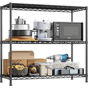 3- Shelf Metal Shelving Unit 35.6Wx14Dx36H Adjustable Storage Shelves Heavy Duty Garage Shelving Steel Wire Shelving for Laundry Bathroom Kitchen Pantry Closet Garage Black