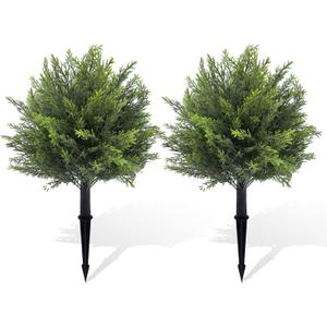 Artificial Topiary Cedar Tree Set of 2 Fuax Cypress Trees 26'' Artifcial Boxwood Bushes with Ground Spike UV Protection Fake Shrubs for Front Porch Balnocy Garden Decoration