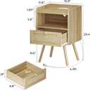 SUPERJARE Nightstands Set of 2, Night Stands with Charging Station & PE Rattan Decor Drawer, Bed Side Tables with Solid Wood Feet, End Table, for Bedroom, Living Room - Natural