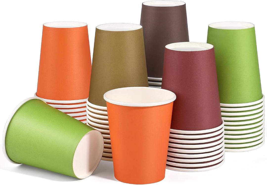 URATOT 60 Pieces 9 Ounce Disposable Paper Cups Autumn Color Party Cups Thanksgiving Fall Drinking Cups for Party, DIY, and Holiday, 5 Colors (Green, Brown, WineRed, Orange, Yellow)