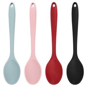 Cooking Spoon, 4Pcs Large Red Black Pink Grey Serving Spoons Heat Resistant Silicone Spoon, Non-Stick Mixing Kitchen Spoons Premium Silicone Kitchen Utensils for Stirring Baking Mixing Dishwasher Safe