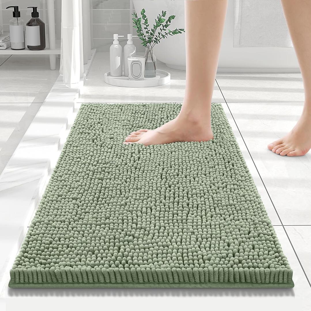 Smiry Luxury Chenille Bathroom Rugs 24x16, Extra Soft and Absorbent Shaggy Bath Mat, Machine Washable, Non-Slip Plush Carpet Runner for Tub, Shower, and Floor, Home Decor Accessories, Sage Green