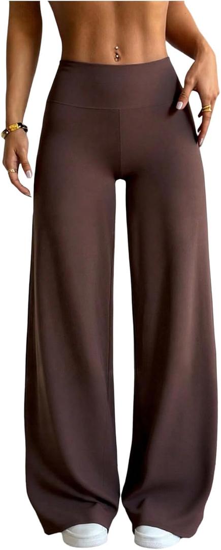 SOLY HUX Women's High Waisted Wide Leg Yoga Pants Workout Athletic Bootcut Leggings Trousers (Medium, Coffee Brown)