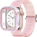 Wipalor Bling Stretchy Band with Bling Case Fit Apple Watch Bands for Women 41mm, Elastic Sport Solo Loop iWatch Bands for Cute iPhone Watch Series 9 8 7-Pink Nylon Band+Sparkly Pink Cover