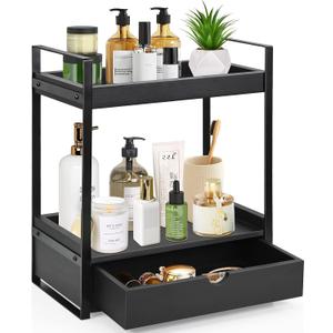 Ukonvi 2-Tier Bathroom Organizer Countertop with Drawer, Wood Counter Shelf for Storage, Vanity Tray for Organization and Decor, Countertop Organizer for Bathroom, Kitchen, Office (Black)
