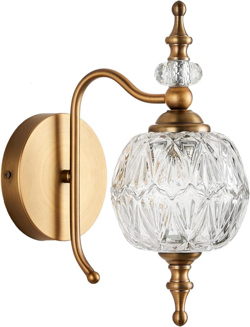 Vintage Bathroom Wall Sconces, 1-Light Wall Light Fixtures with Crystal Glass Shade Retro Bathroom Vanity Light Fixtures for Bedroom Living Room Farmhouse Dinning Room