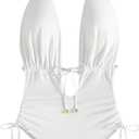 WDIRARA Women's Tie Front Sleeveless Halter One Piece Swimsuit Ruched V Neck Backless Swimwear (White)