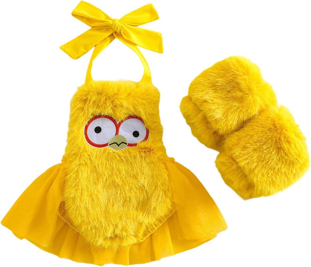 Guodeunh Baby Girl Halloween Costumes Chicken Embroidery Romper Bodysuit Furry Infant Toddler Chick Cosplay Outfit Leg Warmers (Chicken, 6-12 Months)