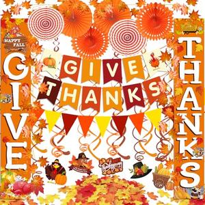 Famoby GIVE THANKS Hanging Banner Porch Sign Autumn Pumpkin Maple Leaf Backdrop Flag Banner Paper Fan&Swirls for Thanksgiving Party Decorations
