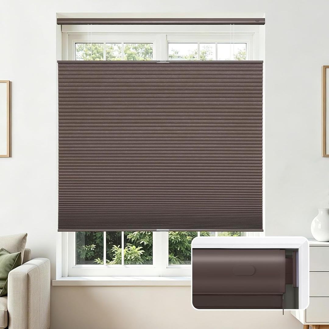 Joydeco No Tools No Drill Blinds for Indoor Windows, Cordless Window Blinds Cellular Shades Top Down Bottom Up Blackout Honeycomb Blinds Thermal Insulated Noise Reduction (Dark Brown, 34" W x 64" H)