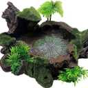 Reptile Feeding Bowl Resin Turtle Food Water Dish Terrarium Tank Decor with Artificial Plants for Lizard Gecko Chameleon Frog Spider