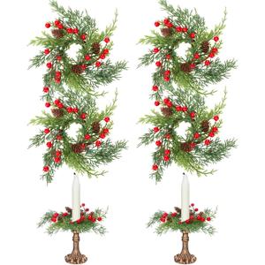 LemonRoad 4 Pieces 3.15in Christmas Candle Ring Wreath for Taper Candles, Pine Branch with Red Berries Lamb's Ear Garland, Candle Rings for Taper Candles, Table Decoration, Winter Home Decor