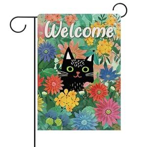 Dyrenson Welcome Spring Black Cat Decorative Garden Flag, Kitty House Yard Lawn Daisy Pansy Red Blue Flower Floral Outside Decoration, Summer Seasonal Farmhouse Outdoor Small Burlap Porch Decor 12x18