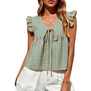 Women's Peplum Tops Summer Gingham Shirt V Neck Ruffle Cap Sleeve Tie Front Top Plaid Babydoll Tank Top Beach Outfits (L)