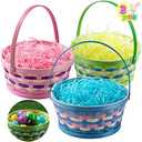 JOYIN 3 Pcs Easter Bamboo Baskets with Tricolor Grass Paper Shred for Kids, Easter Eggs Hunting Bucket Wicker Woven Candy Toys Storage Baskets with Handle for Picnic, Party Favors Decor(11.1"X9.7")