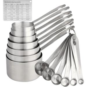 Measuring Cups and Spoons Set 16, 18/8 Stainless Steel Measuring Cups and Spoons for Dry&Liquid, 7 Metric&US Measing Cups &6 Measuring Spoons &Measure Equivalents for Kitchen&Baking
