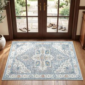Jinchan Oriental 3x5 Area Rugs for Entryway - Machine Washable Non-Slip Doormat Ultra-Thin Low-Pile Vintage Floral Distressed Accent Rug for Entrance Bedroom Kitchen Living Room3x5ft, Grey/Blue