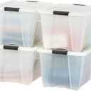 IRIS USA 54 QT Plastic Storage Box with Lid and Latches - 4 Pack - BPA-Free, Discreet Organizing Solution, Durable Nestable Stackable Containers, Secure Pull Handle - Pearl