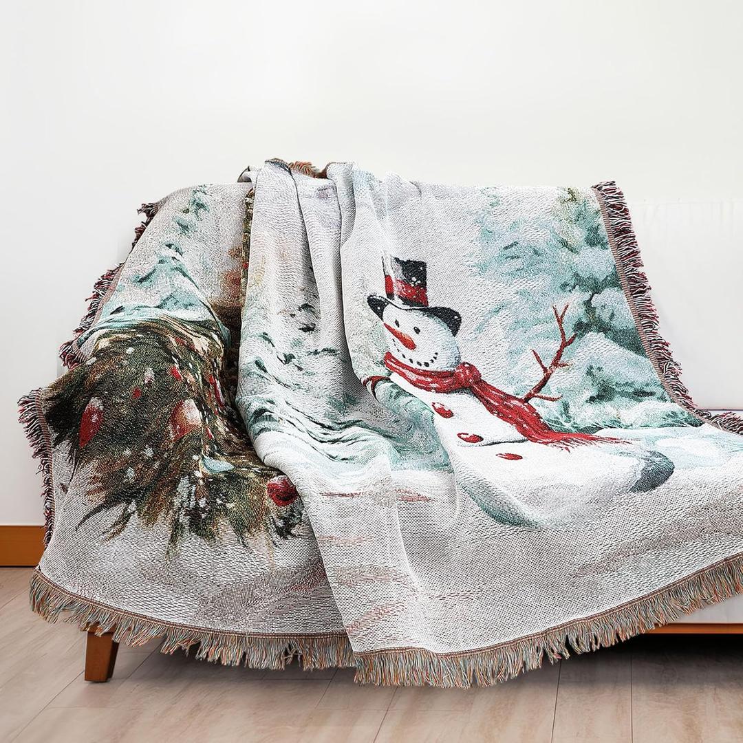 63 x 51 Inch Christmas Woven Tapestry Throw Blanket with Colorful Tassel Soft Warm Christmas Tree Snowman Blanket Warm Gifts for Women Home Chair Couch Sofa Decor