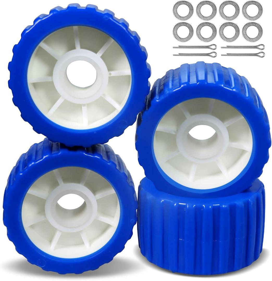 Boat Trailer Rollers PU Ribbed Wobble Roller 5in ODX3in W fit 7/8-9/8" Diameter Shaft with 8 Flat Washers and 4 Cotter Pins (XX-Large)