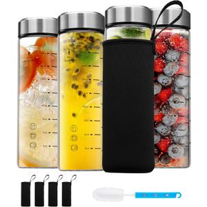 SIEROZUR Glass Juice Bottles 20 oz-4 Pack Leak Proof Wide Mouth Water Bottle with Stainless Steel Lid & Sleeve - for Juicing, Smoothies, Infused Water, Beverage Storage, Eco-Friendly Borosilicate