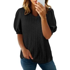 SHEWIN Women's Summer Tops V Neck Casual Puff Short Sleeve Textured T Shirts Blouses S
